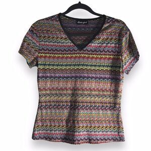 Cute Girl USA Size Medium?‎ Vintage Y2K Striped Colorful Shirt Top Blouse Quirky